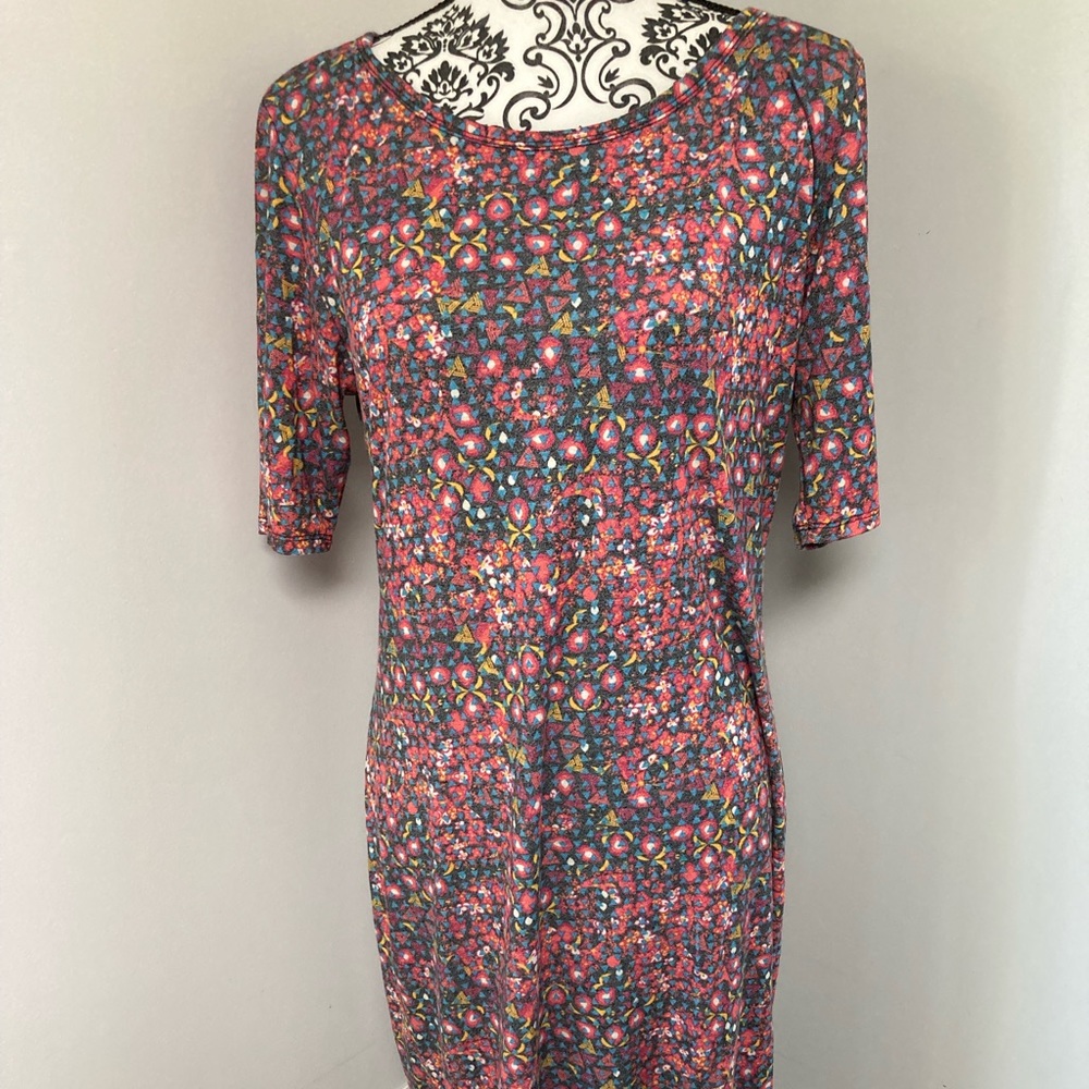 LulaRoe Julia Dress, size L, used, pink/gray. Blue, gold and cream print.